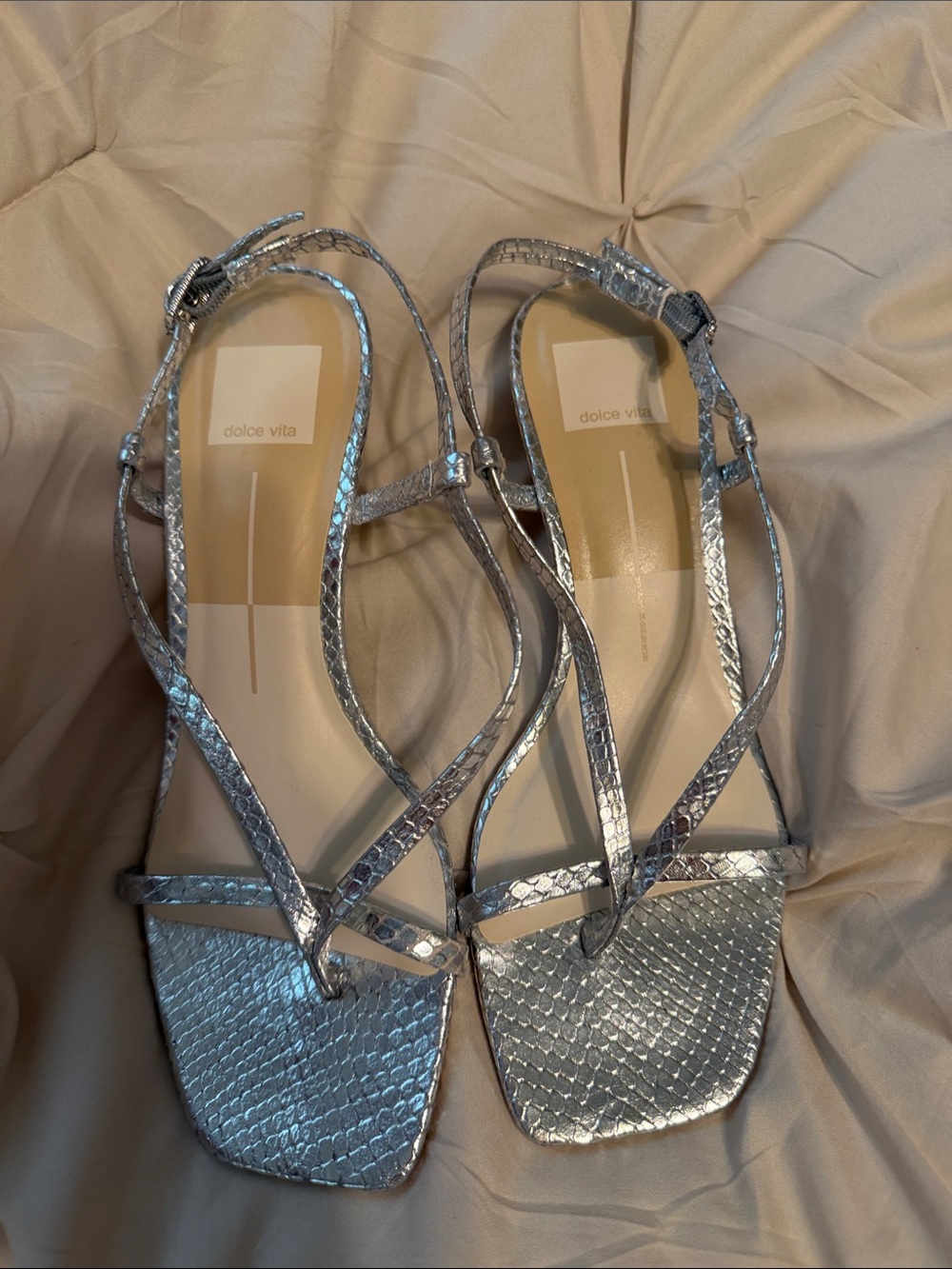Dolce Vita Silver Snakeskin Strappy Square-Toe Sandals